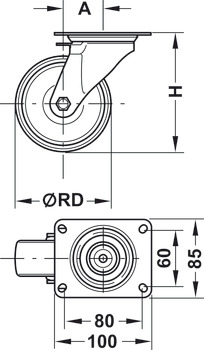 Swivel Single Wheel Castor, without Brake, Wheel Ø 80-125 mm, 100 mm Plate Fixing