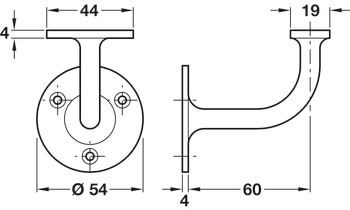 Handrail Bracket, Suitable for Flat Based Handrails, Depth 60 mm