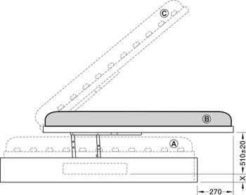 Bed lift, opening mechanism with gas-filled struts