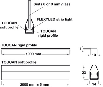 Housing Profile, for use with 12 V Flexyled 1076 Flexible Strip Light, Length 1000-2000 mm, Toucan