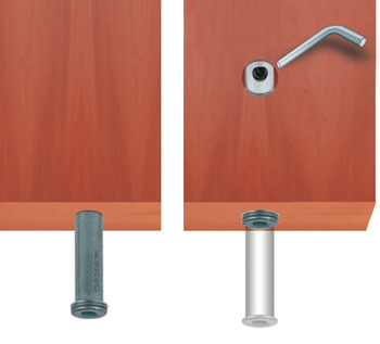 Plinth height adjuster, for mounting in drilled hole