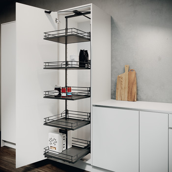 Swing Out Larder Unit, Complete Set, Centre Mounting, Height Adjustable, Full Extension with Premea Lava Grey Solid Base and Wire Baskets