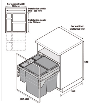 Pull Out Waste Bin, 2x 38, 1x 12 and 1x 2.5 Litres, Hailo Euro-Cargo 60