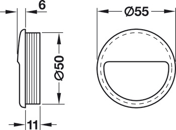 Inset Handle, plastic, round on the outside, semi-circular recess