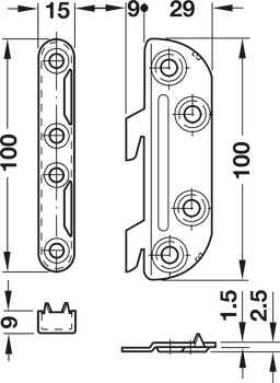 Bed Fittings, Noval K, Strike Plate Height 100-130 mm, Hook in Plate Height 100-127 mm