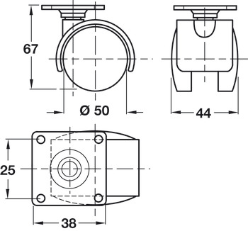 Swivel Twin Wheel Castor, without Brake, Ø 40-50 mm, Hooded, 38 mm Plate Fixing