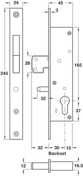 Hookbolt Lock Case, Mortice Cylinder, for Narrow Stile Doors