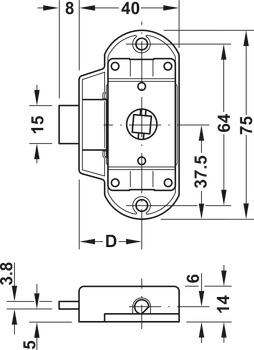 Espagnolette Lock, Piccolo Nova Case, Backset 15 or 25 mm, with Aperture for 7 mm Square Spindle