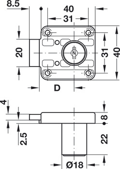 Deadbolt rim lock, with plate cylinder, backset 24.5 mm