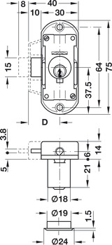 Espagnolette Lock, Piccolo Nova Case, with Ø 18 mm Cylinder