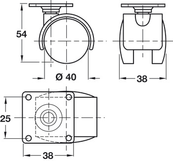 Swivel Twin Wheel Castor, without Brake, Ø 40-50 mm, Hooded, 38 mm Plate Fixing