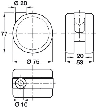 Swivel Twin Wheel Castor, without Brake, Ø 75 mm, Hooded, Ø 10 mm Pin Hole
