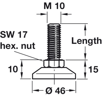 Adjusting Screw, M10 Thread with Fixed Foot
