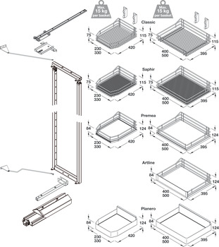 Swing Out Larder Unit, For Cabinet Width 500-600 mm, Artline Glass Side Baskets, VS TAL Gate