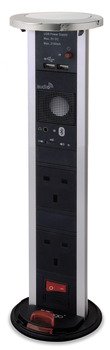Vertical Powerdock, Rated IP54, 2x UK 13 Amp Sockets. 2x 2100 mA USB  and Bluetooth Speaker, Requires Ø 92 mm Drilled Hole
